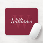 Personalised Monogram and Name Burgundy Red Mouse Pad<br><div class="desc">Personalised Monogram and Name Gift
features personalised name in white script font style and monogram in light burgundy red serif font style as background,  on burgundy red background.

Perfect as gift for him,  father's day gift and gift for any special occasions.</div>