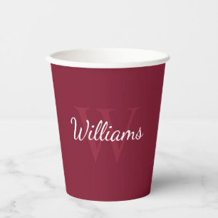 Personalised Monogram and Name Burgundy Red Paper Cups