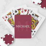 Personalised Monogram and Name Burgundy Red Playing Cards<br><div class="desc">Personalised Monogram and Name Gift
features personalised name in white and monogram in light burgundy red as background,  in classic serif font style,  
on burgundy red background.

Perfect as holiday gift,  family reunion favours,  thank you gift for groomsmen and gift for any special occasions.</div>
