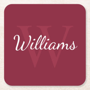 Personalised Monogram and Name Burgundy Red Square Paper Coaster