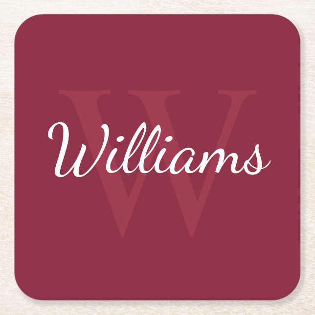 Personalised Monogram and Name Burgundy Red Square Paper Coaster (Front)