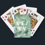 Personalised Monogram and Name Green Watercolor Playing Cards<br><div class="desc">Personalised with name over monogram,  these playing cards with shades of green watercolor design are perfect as wedding favours,  groomsman gift,  father's day gifts for dad,  for grandfather and more. Create a set with name and monogram for each person and add to your cart individually.</div>