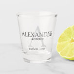 Personalised Monogram and Name Groomsman Shot Glass<br><div class="desc">Elevate your wedding experience with personalised groomsmen shot glasses, adding a personal touch that resonates. These custom shot glasses showcase the groomsman's name and title in sophisticated grey tones, set against a soft light grey monogram background, all crafted in a classic serif font style. Noteworthy for best man gifts, father...</div>