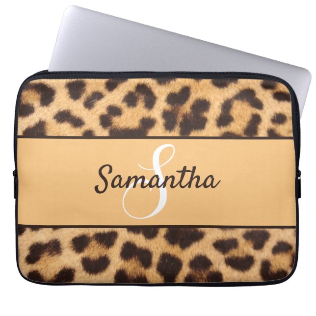 Personalised Monogram and Name Leopard Spots Print Laptop Sleeve (Front)
