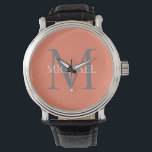 Personalised Monogram and Name Light Pink Watch<br><div class="desc">Personalised Elegant Monogram and Name Gifts featuring personalised monogram in classic serif font style with box of name in the middle of monogram.</div>
