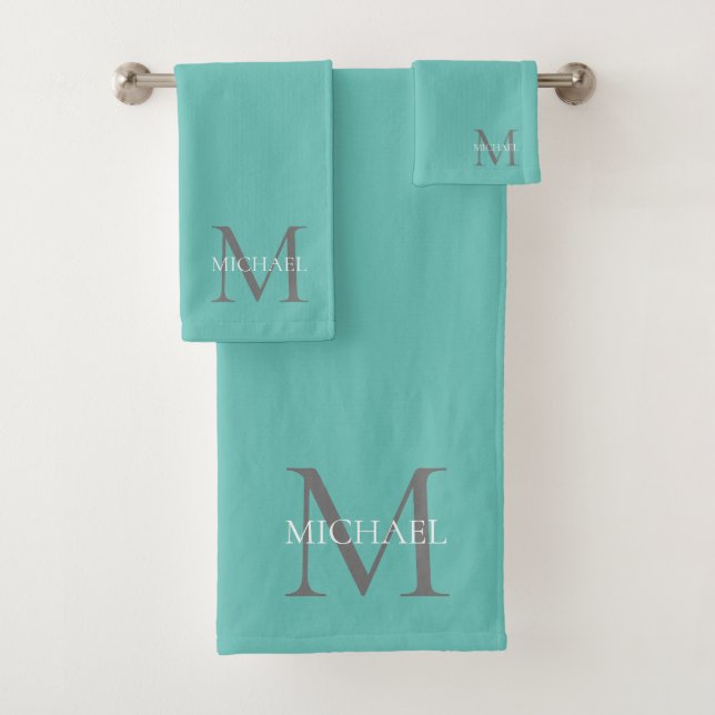 Personalised Monogram and Name Light Teal Bath Towel Set (Insitu)