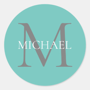 Personalised Monogram and Name Light Teal Classic Round Sticker