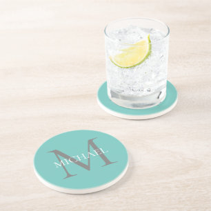 Personalised Monogram and Name Light Teal Coaster