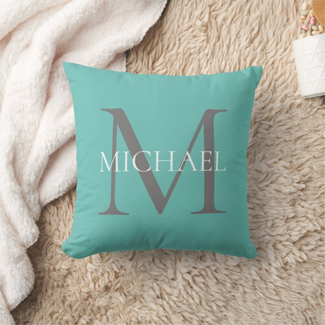 Personalised Monogram and Name Light Teal Cushion (Blanket)