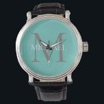 Personalised Monogram and Name Light Teal Watch<br><div class="desc">Personalised Elegant Monogram and Name Gifts featuring personalised monogram in classic serif font style with box of name in the middle of monogram.</div>