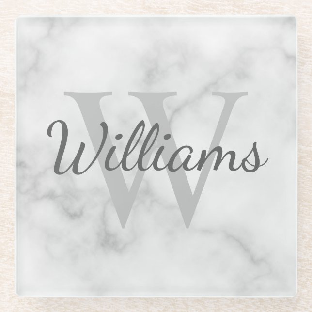 Personalised Monogram and Name Marble Look Glass Coaster (Front)