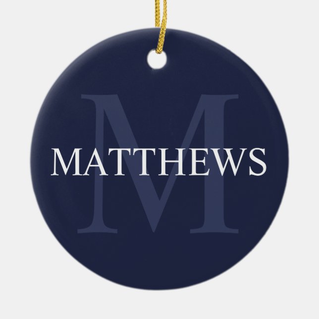 Personalised Monogram and Name Navy Blue Ceramic Ornament (Front)