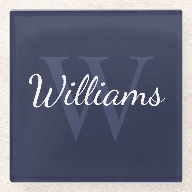 Personalised Monogram and Name Navy Blue Glass Coaster (Front)