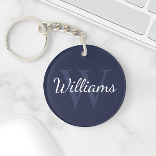 Personalised Monogram and Name Navy Blue Key Ring