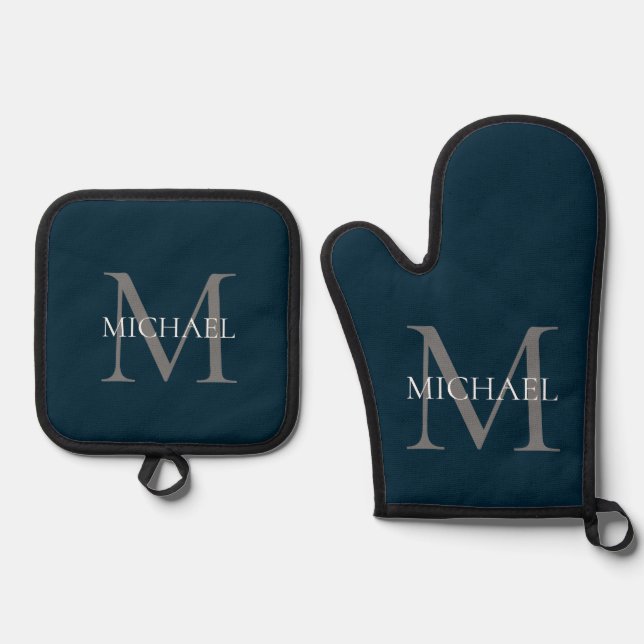 Personalised Monogram and Name Navy Blue Oven Mitt & Pot Holder Set (Front)