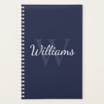 Personalised Monogram and Name Navy Blue Planner<br><div class="desc">Personalised Monogram and Name Gift
features personalised name in white script font style and monogram in light navy blue serif font style as background,  on navy blue background.

Perfect as gift for him,  father's day gift and gift for any special occasions.</div>