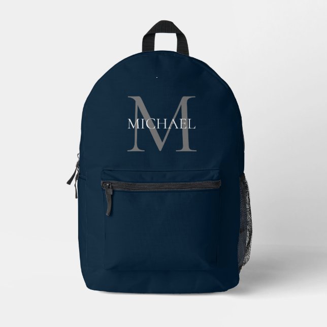 Personalised Monogram and Name Navy Blue Printed Backpack (Front)