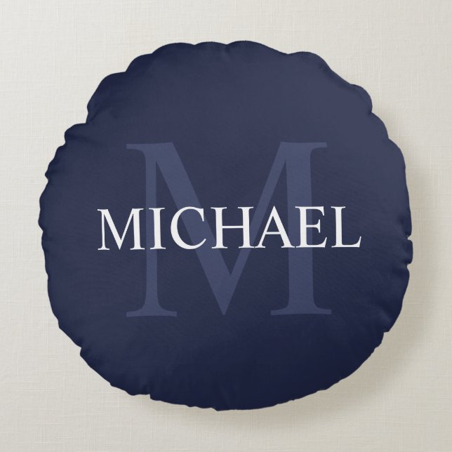 Personalised Monogram and Name Navy Blue Round Cushion (Front)