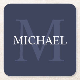 Personalised Monogram and Name Navy Blue Square Paper Coaster