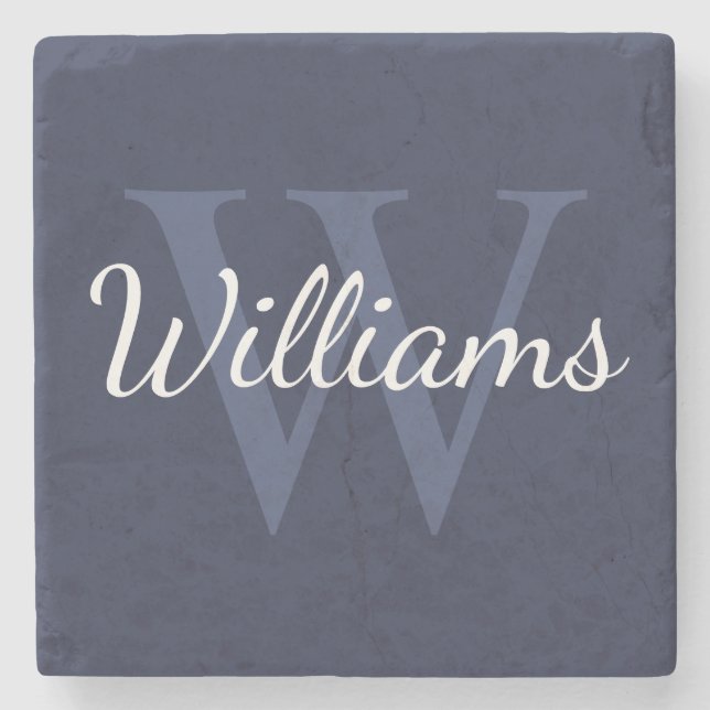 Personalised Monogram and Name Navy Blue Stone Coaster (Front)