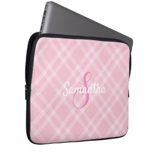 Personalised Monogram and Name Pink Plaid Gingham Laptop Sleeve