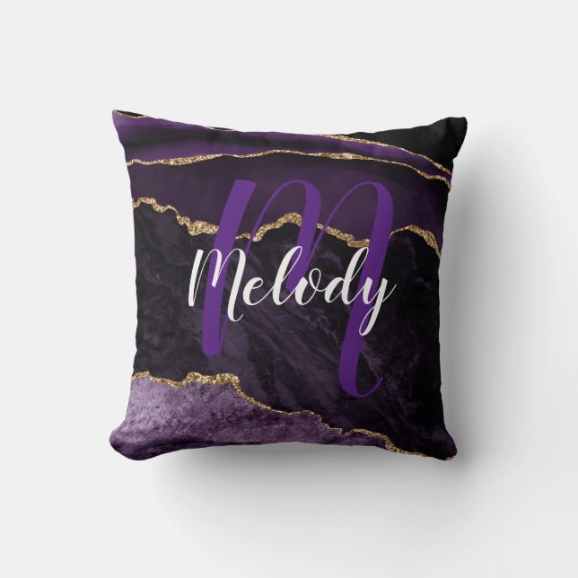 Personalised Monogram and Name Purple and Gold Cushion (Front)