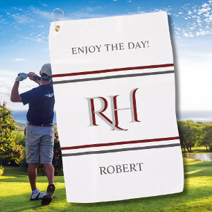 Personalised Monogram and Name White Grey Red Golf Towel