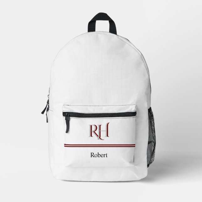 Personalised Monogram and Name White Grey Red Printed Backpack (Front)