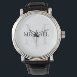 Personalised Monogram and Name White Watch<br><div class="desc">Personalised Elegant Monogram and Name Gifts featuring personalised monogram in classic serif font style with box of name in the middle of monogram.</div>