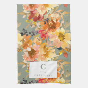 Personalised Monogram Autumn Fall Floral Earthy Tea Towel