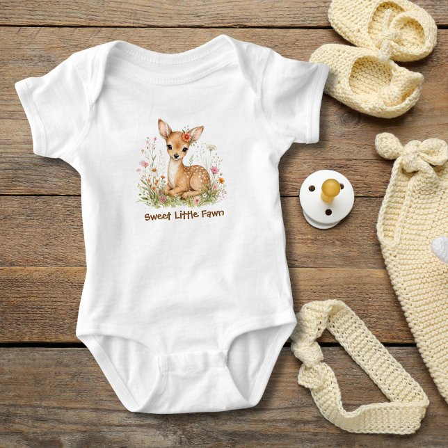 Personalised Monogram Baby Deer Wildflowers Gift  Bodysuit (Baby Deer Fawn Wildflowers Personalized Monogram Baby Body Suit, Baby Girl Shower gift , new baby )