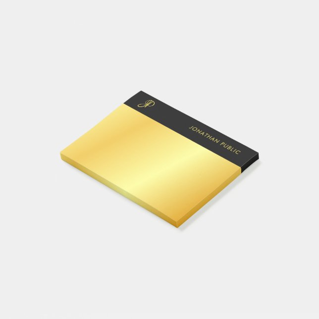 Personalised Monogram Black And Gold Elegant Post-it Notes (Angled)