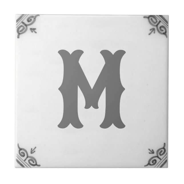 personalised monogram black and white Delft Tile (Front)
