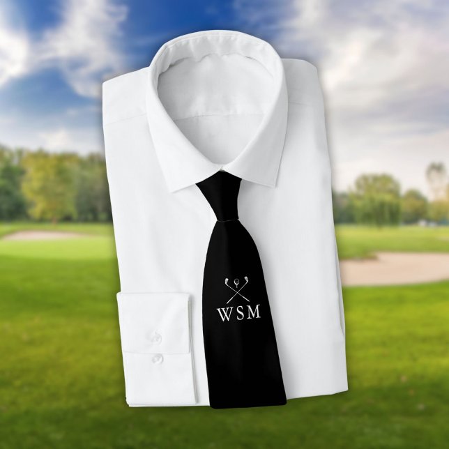 Personalised Monogram Black And White Golf Clubs Tie (Personalized Monogram Black And White Golf Clubs Neck Tie)