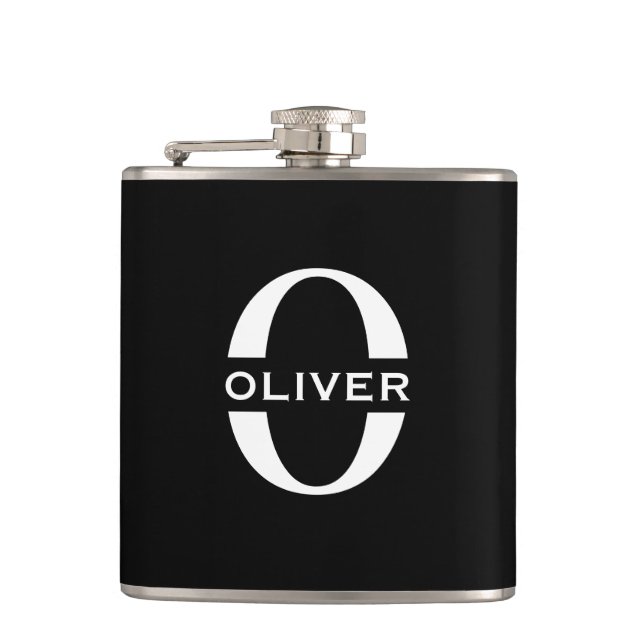 Personalised Monogram Black And White Name Hip Flask (Front)