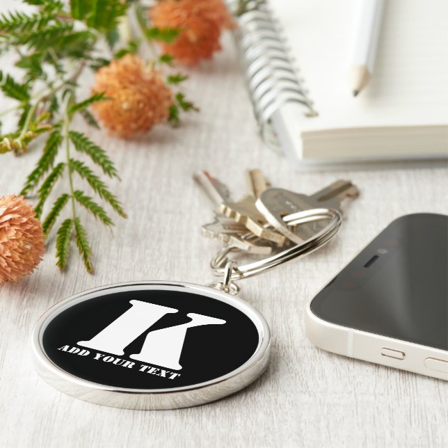 Personalised Monogram Black Custom Modern Text Key Ring (Side)
