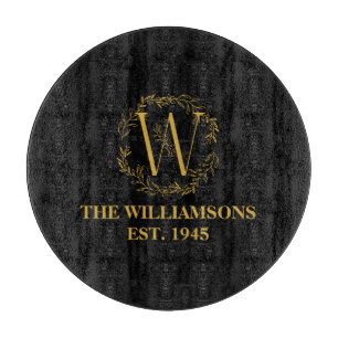 Personalised Monogram Black & Gold Family Initial Cutting Board