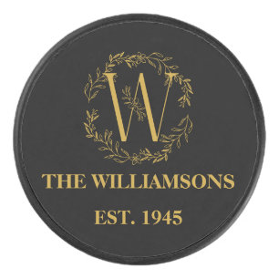 Personalised Monogram Black & Gold Family Initial Hockey Puck