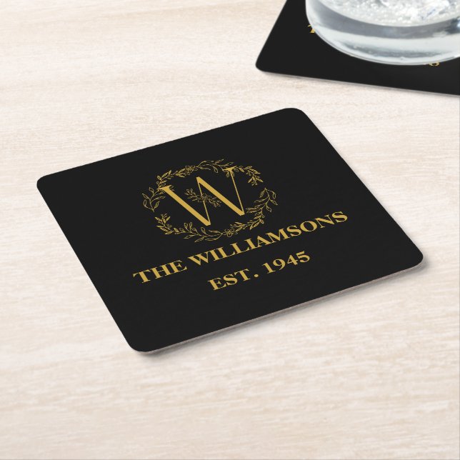 Personalised Monogram Black & Gold Family Initial Square Paper Coaster (Angled)