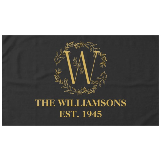 Personalised Monogram Black & Gold Family Initial Tablecloth (Front (Horizontal))
