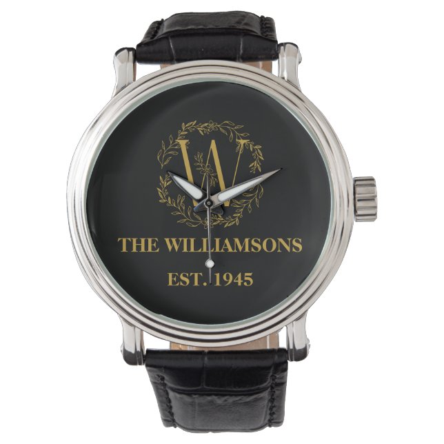 Personalised Monogram Black & Gold Family Initial Watch (Front)
