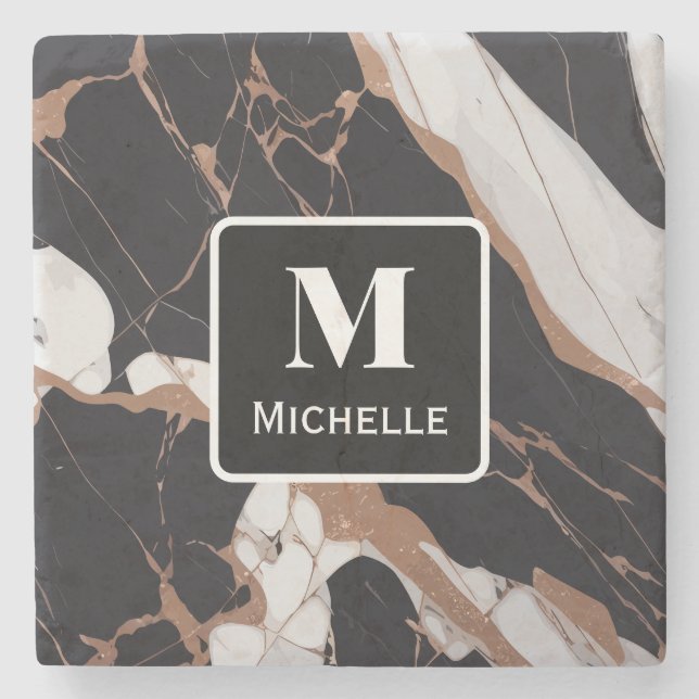 Personalised Monogram Black & Gold Marble Stone Coaster (Front)