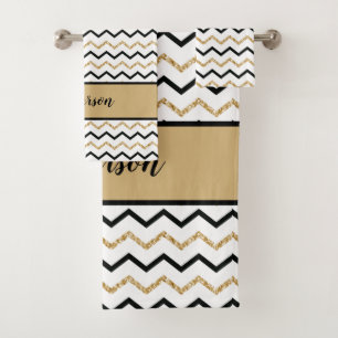 Personalised Monogram Black Gold White Chevron Bath Towel Set