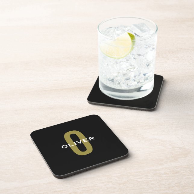 Personalised Monogram Black Gold White Name Coaster (Right Side)