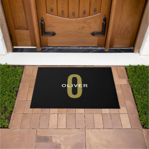 Personalised Monogram Black Gold White Name Doormat