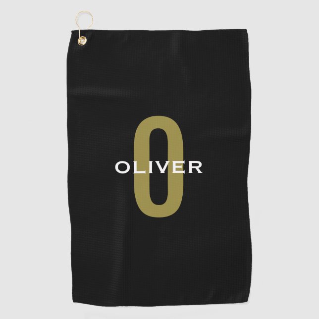 Personalised Monogram Black Gold White Name Golf Towel (Front)