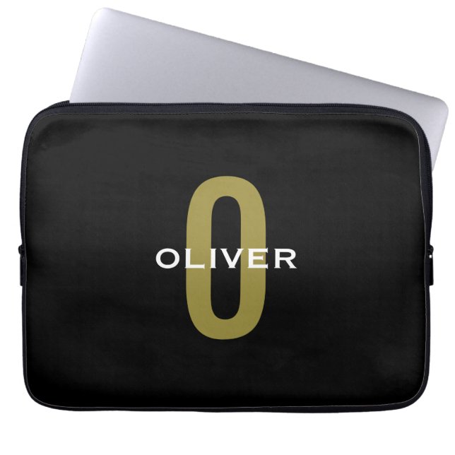 Personalised Monogram Black Gold White Name Laptop Sleeve (Front)