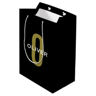 Personalised Monogram Black Gold White Name Medium Gift Bag