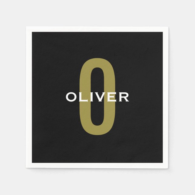 Personalised Monogram Black Gold White Name Napkin (Front)