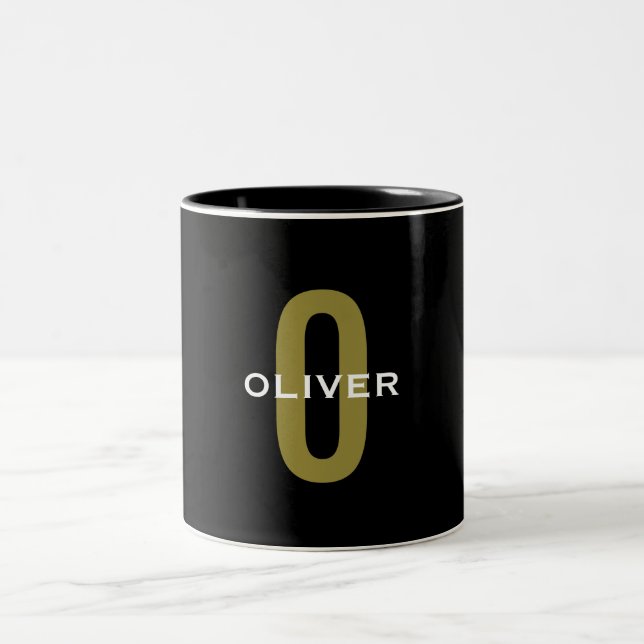 Personalised Monogram Black Gold White Name Two-Tone Coffee Mug (Center)